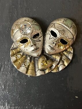 Masquerade Double Mask Brooch with Rhinestones - Silver & Gold